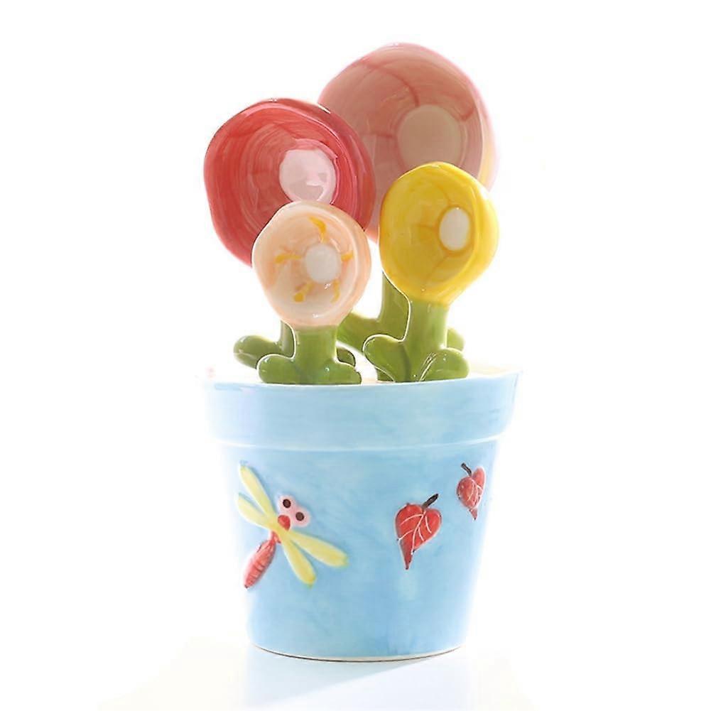 Ceramic Measuring Spoon with Scale for Baking Sugar and Salt Cute Kitchen Spoon with Base Blue