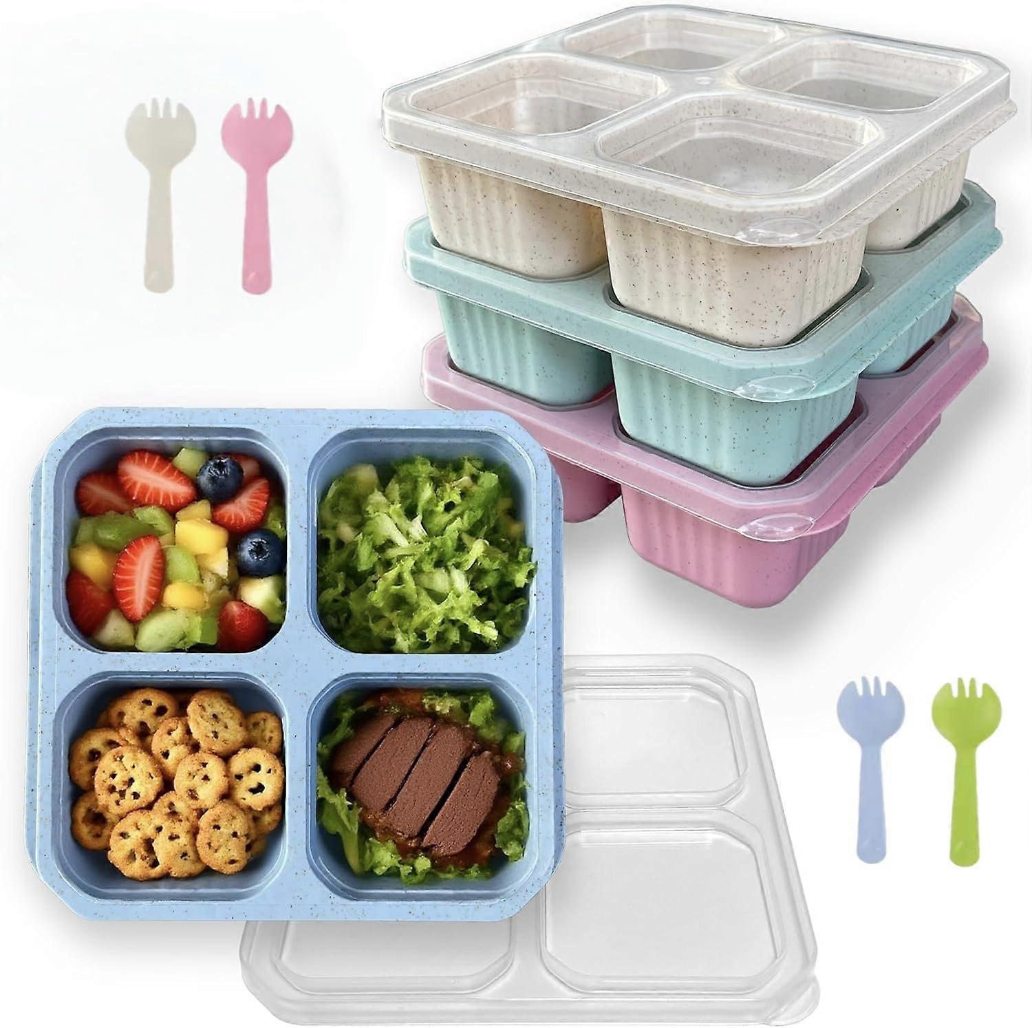 4 Pack Bento Lunch Box Set with 4 Compartments, Microwave Safe Wheat Straw Snack Containers