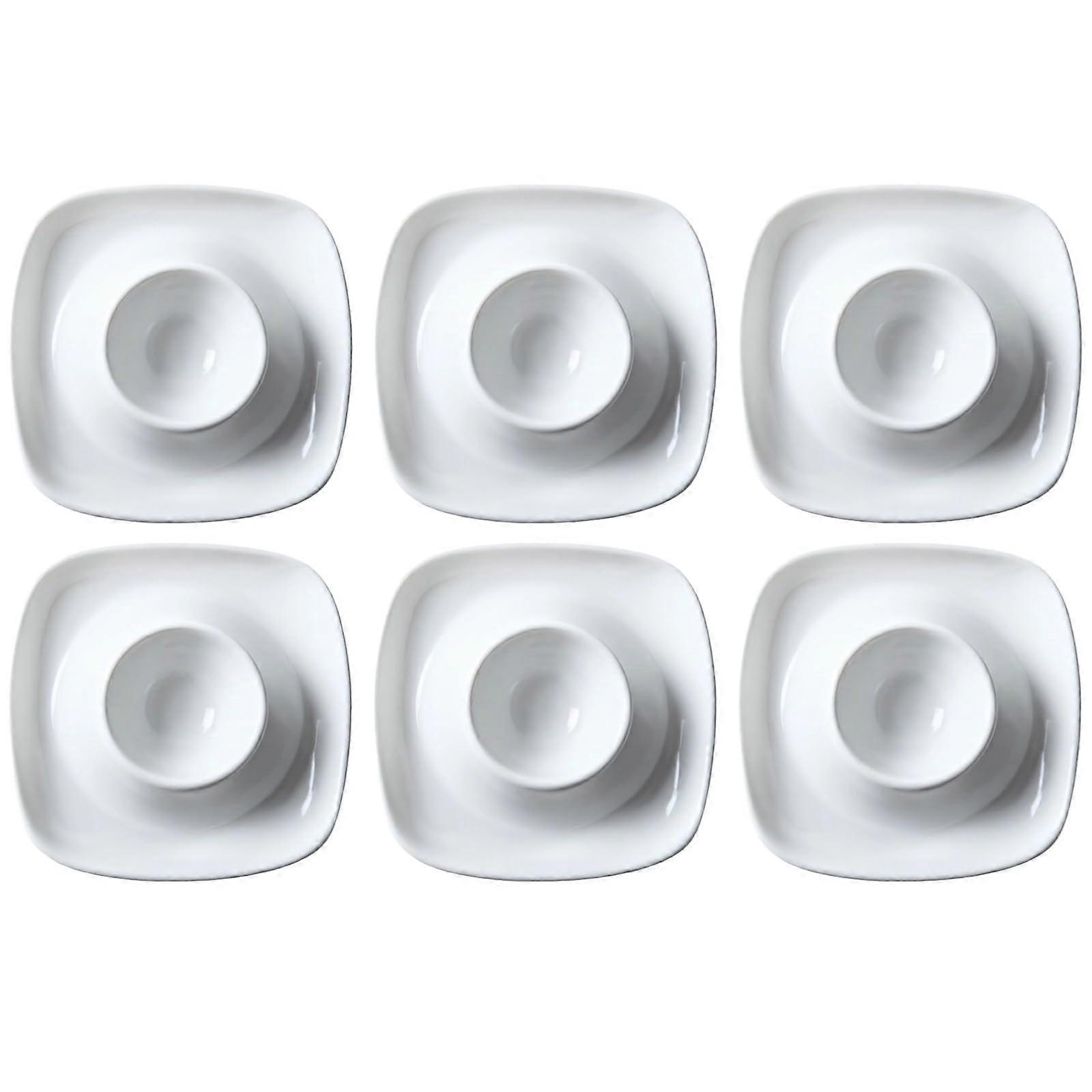 6Piece Ceramic Egg Cups Set, Square Grooved Egg Tray, Microwave and Oven Safe Holder