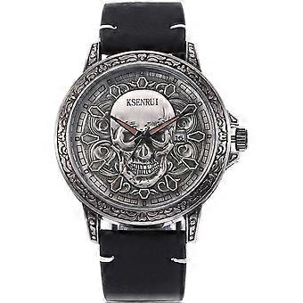 Herren-Totenkopfuhr, markantes 45-mm-Zifferblatt, aufwendiges Totenkopf-Design, Quarzwerk, Lederarmband, wasserdicht bis 30 m, robustes Gehäuse aus einer robusten Legierung, kantiger Gothic-Stil, Geschenkidee