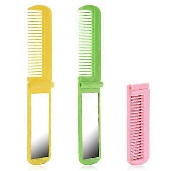 3PCs Mini Travel Hair Brush with Mirror, Colorful plastic Hair Combs Set, Rectangular Girls' Mirror Comb 2 in 1 Beauty Tools, Portable Folding Pocket