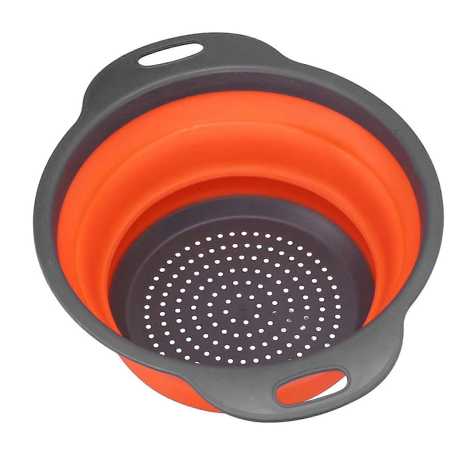 Collapsible Silicone Colander with Handle, Round Folding Fruit and Vegetable Strainer, Orange Small