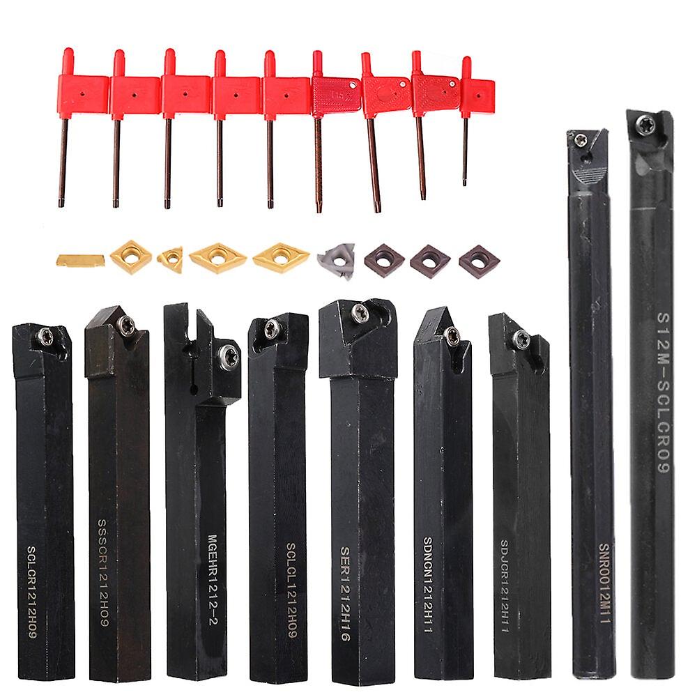 9Pcs 12mm Shank Lathe Boring Bar Turning Tool Holder Set With Carbide Inserts