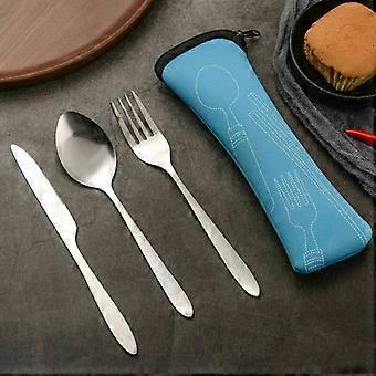 3-delat campingbestickset, resebestickset i rostfritt stål med neoprenfodral --- för camping, picknick, festivaler och resor