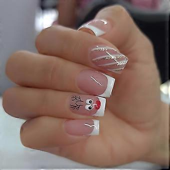 Christmas Press On Nails Short Square Acrylic Nails with Pink Swirl Elk Design French Tip Gloss Finish