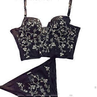 Womens Sexy Mesh Embroidery Floral Bustier Crop Top with G-String Panties Underwear Set Padded Boned Corset Camisole White suit X