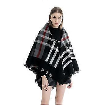 Plaid Shawl Scarf with Botton Open Front Poncho Winter Cardigant for Lady