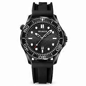 Men's Sports Watch BINBOND Seahorse Series Black Silicone Strap Black Steel Case Black Dial White Markers Luminous Waterproof JY
