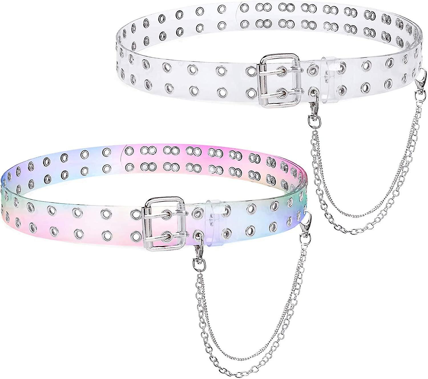 2 Pcs Double Grommet Waist Belt With Chain Pvc Iridescent Punk Belt & Clear Punk Belt Two Row Grommets