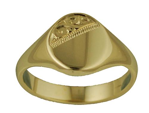 9ct Gold 11x10mm solid hand engraved oval Signet Ring Size Q