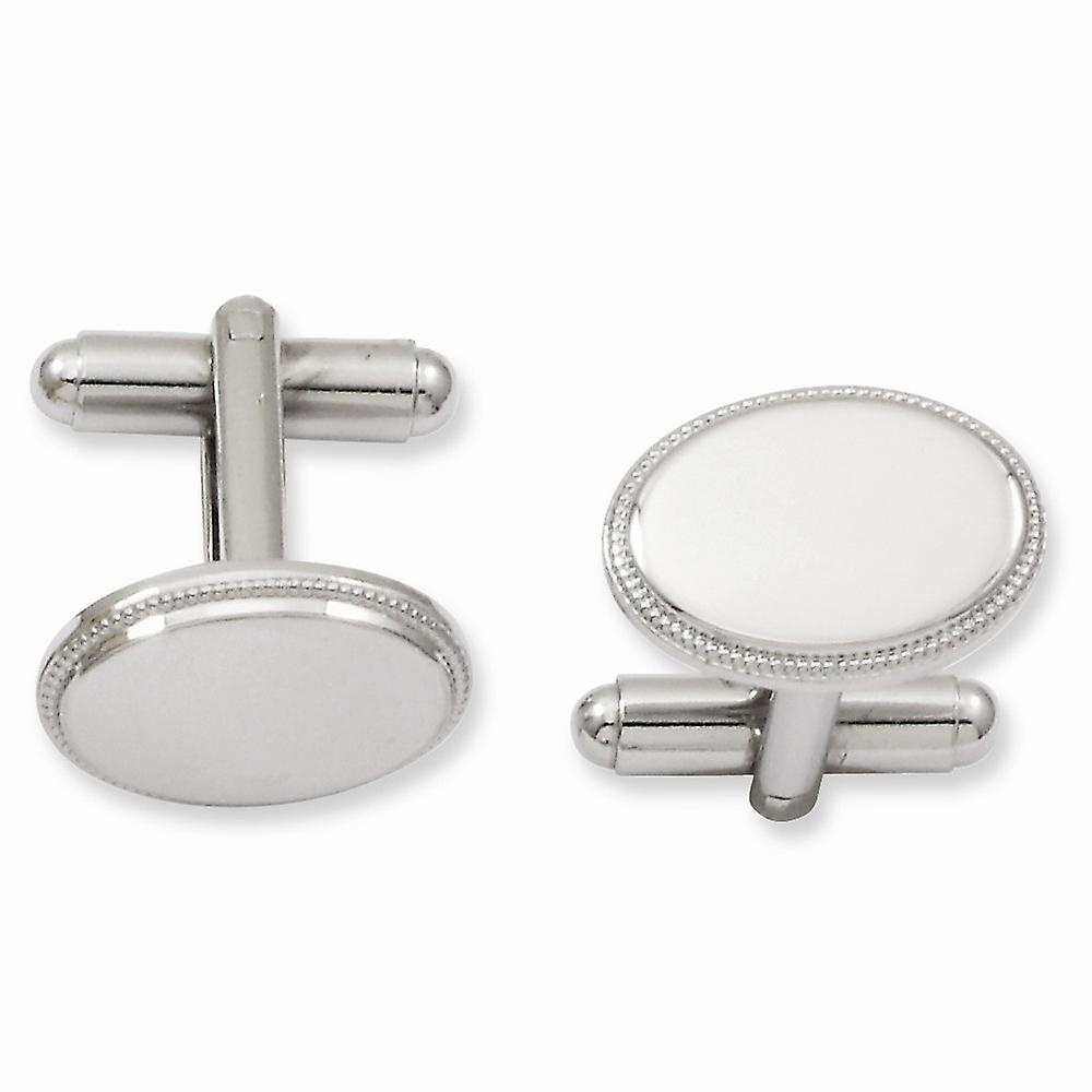 Solid Polished Engravable (front only) Rhodium Plated Oval Beaded Cuff Links 11x18mm Wide-Cuff Link for Men
