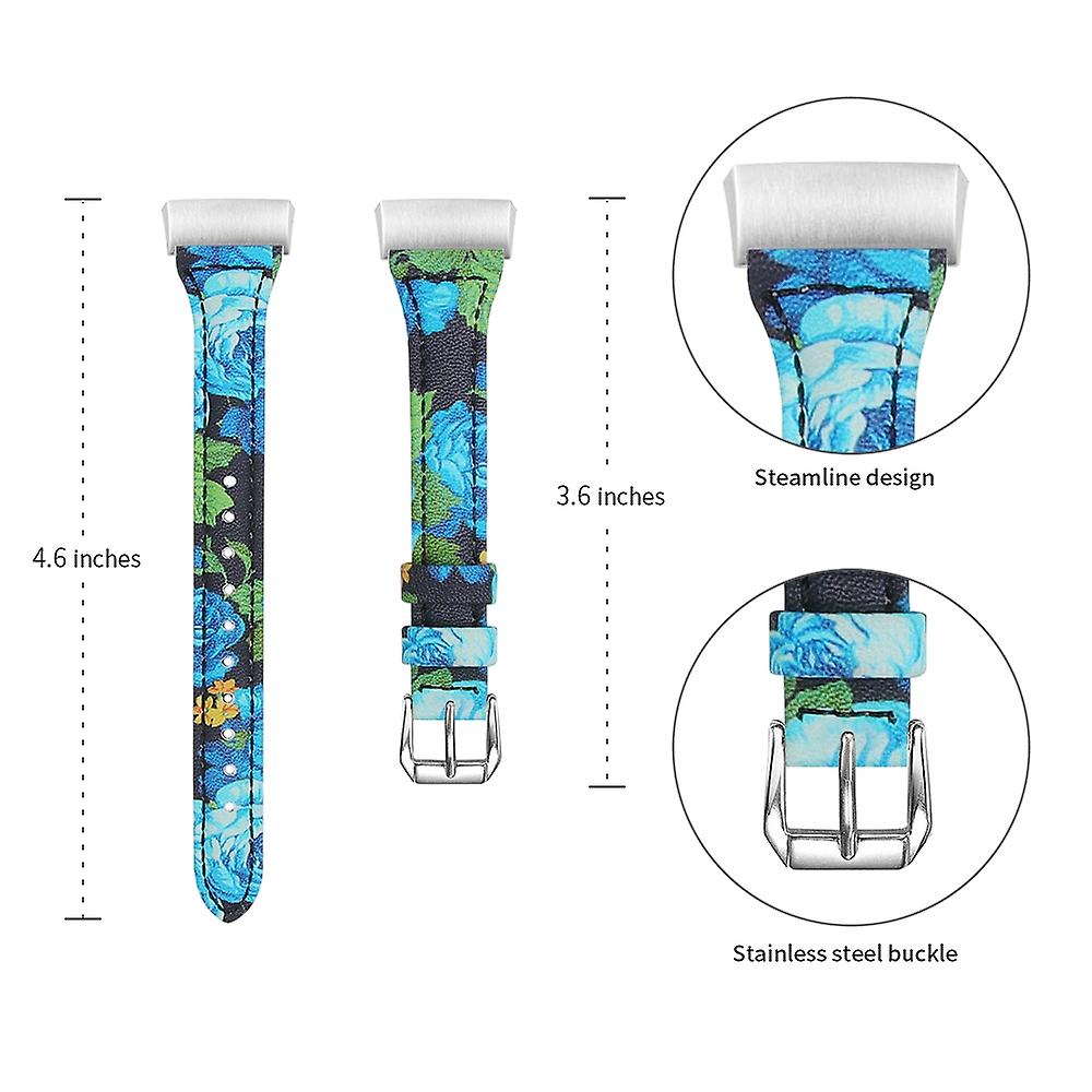 Flower Pattern Genuine Leather Smart Watch Strap Replacement for Fitbit Charge 4/3