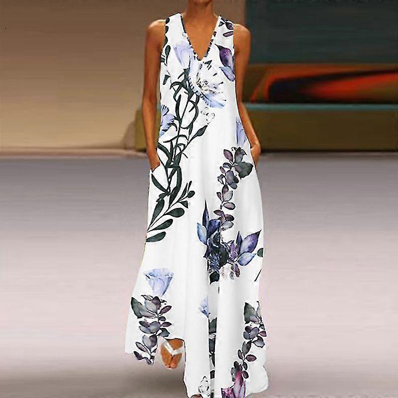 Women'S Sleeveless V-Neck Printed Pocket Dress