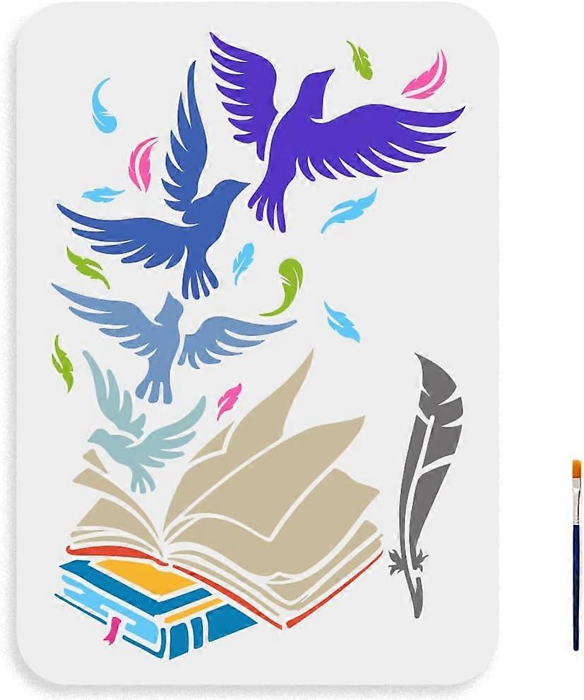 Book and Bird Stencil 11.78.3inch Large Stacked Book Flying Birds Stencil with Paint Brush Reusable Quill Book Drawing Template for Wood Walls Canvas