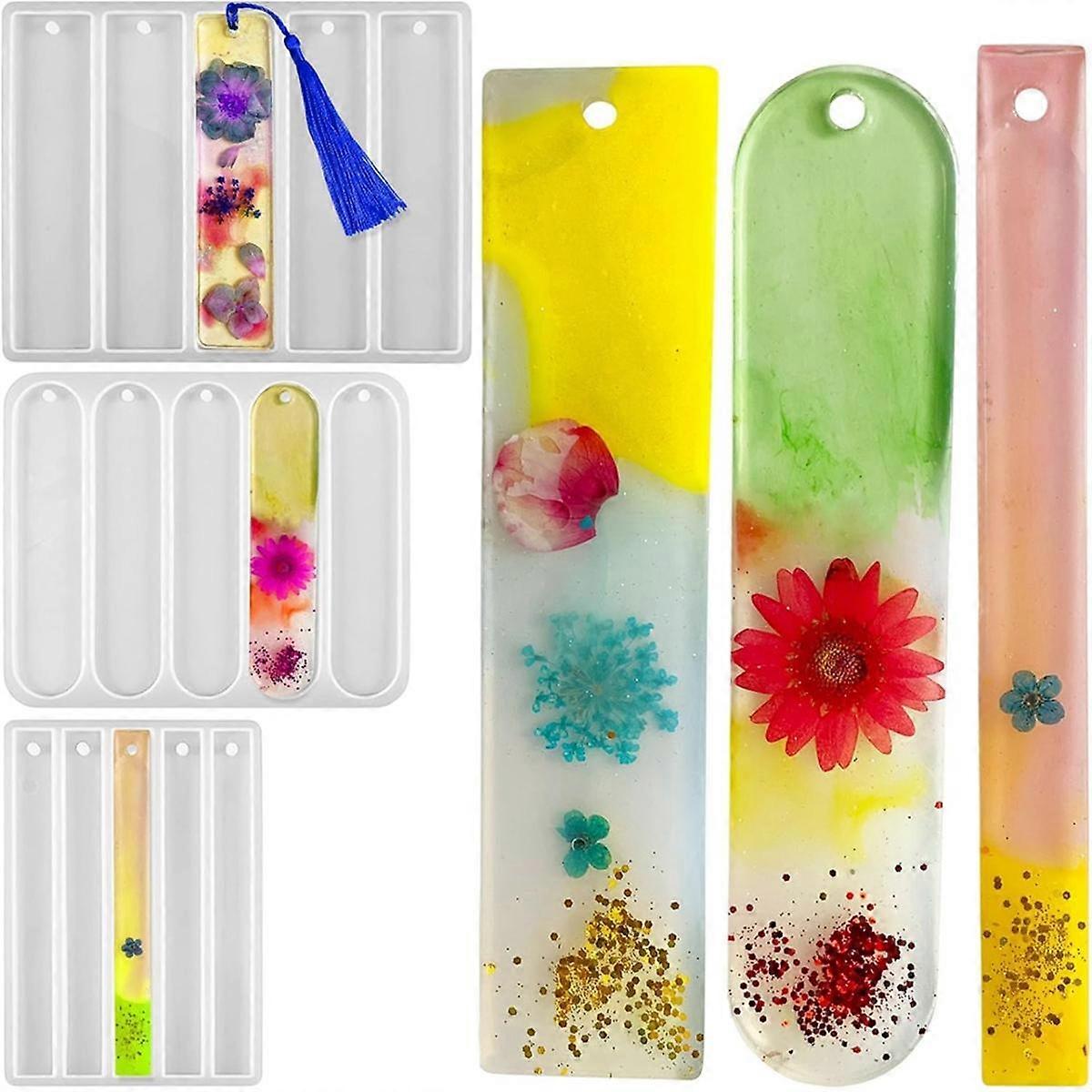 3Pcs Bookmarks Silicone Mold with Tassels 15 Cavities Rectangle Ellipse Shape Bookmark Resin Mold f