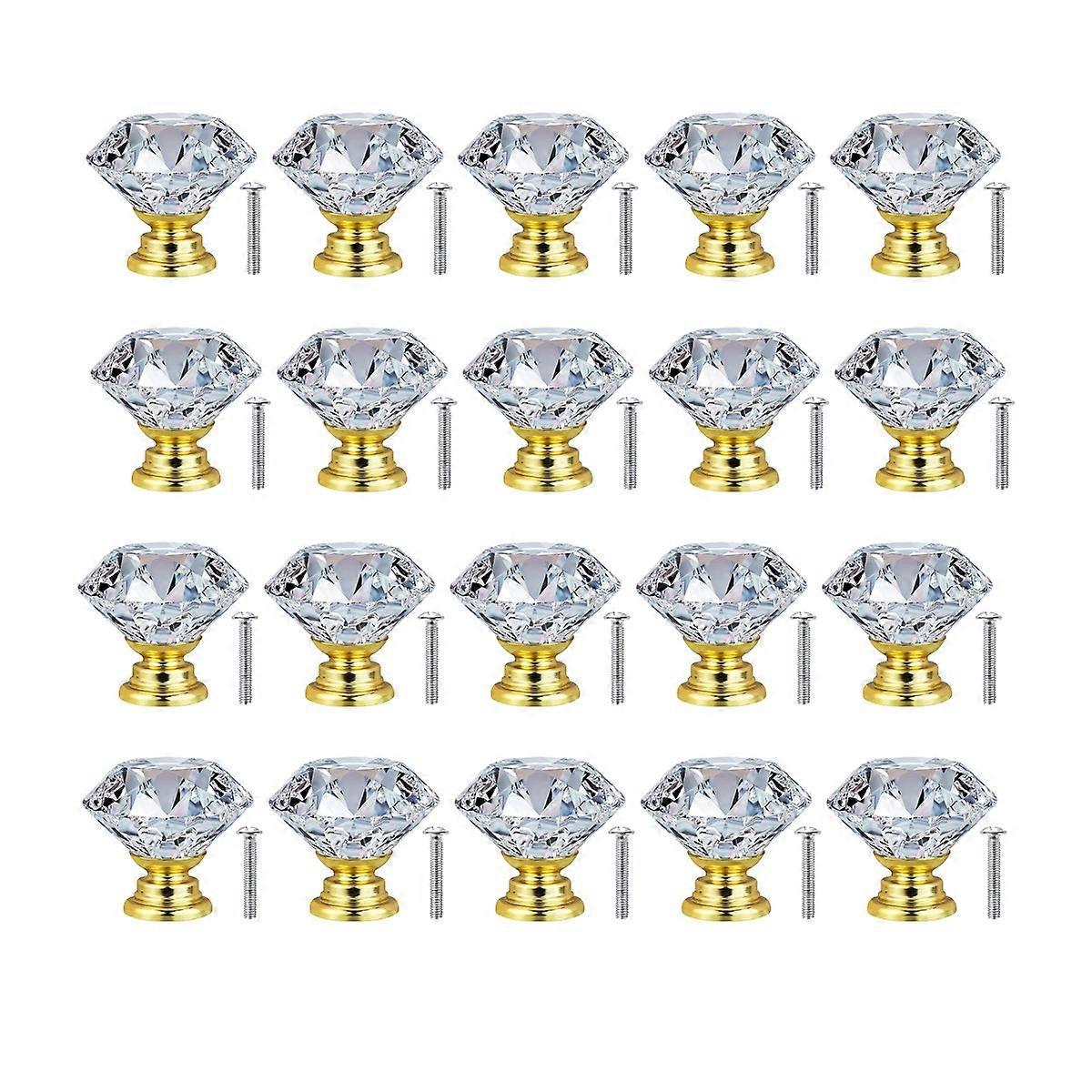 20 Pack 30 mm Crystal Glass Door Cabinet Knobs Cupboard Drawer Pull Handle ( Gold Base),for Kitchen
