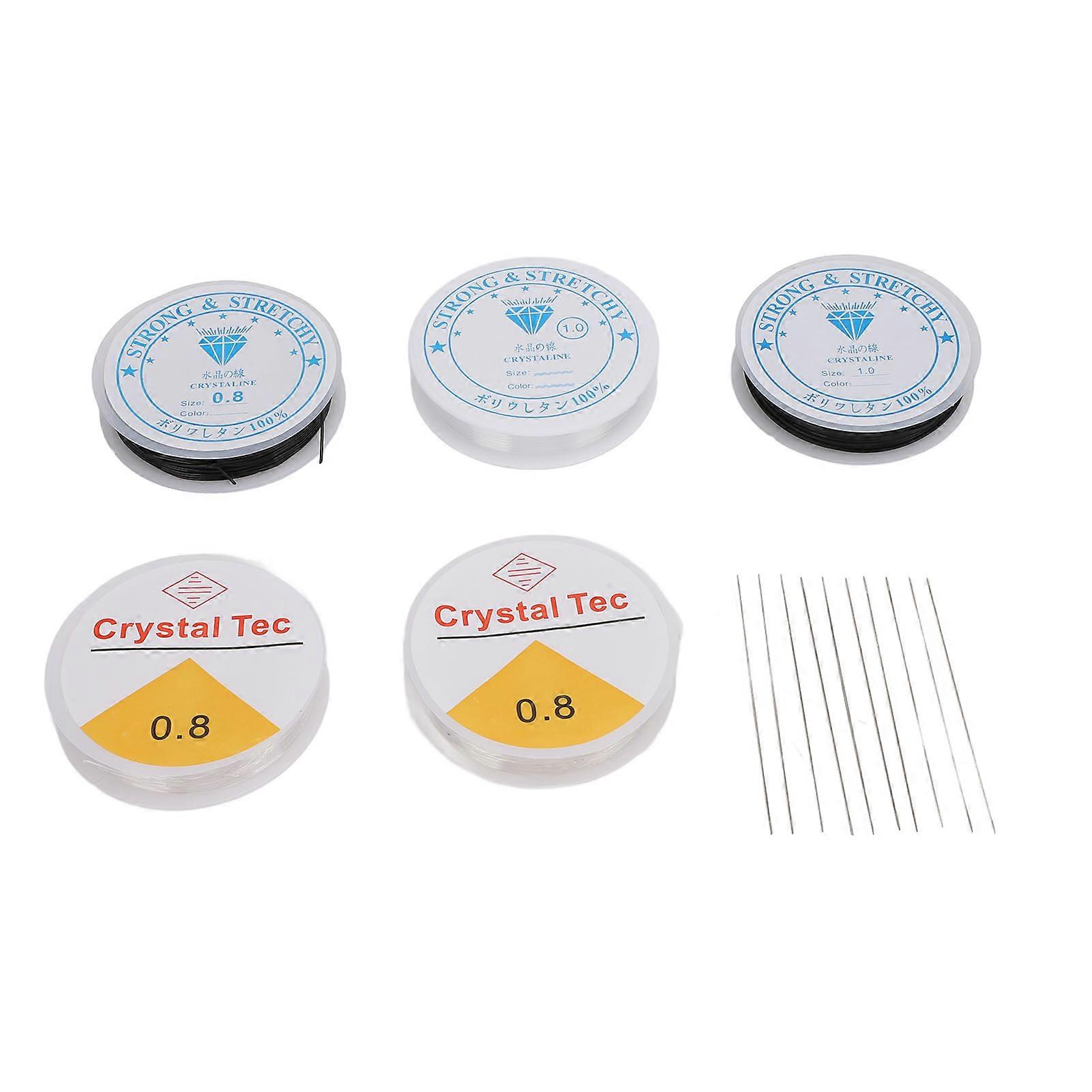 Elastic String Beading Needle Set 5 Rolls Stretchy String Cord 0.8mm 1mm Clear Black and 10 Pcs Beading Needles