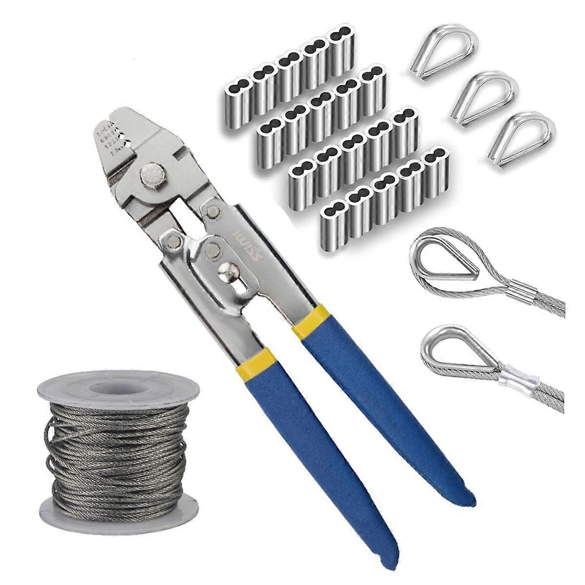Wire Rope Crimping Tool,50FT Wire Rope,Wire Crimping Tool Kit with 200PCS Aluminum Crimping Loop Sleeve,Wire Rope