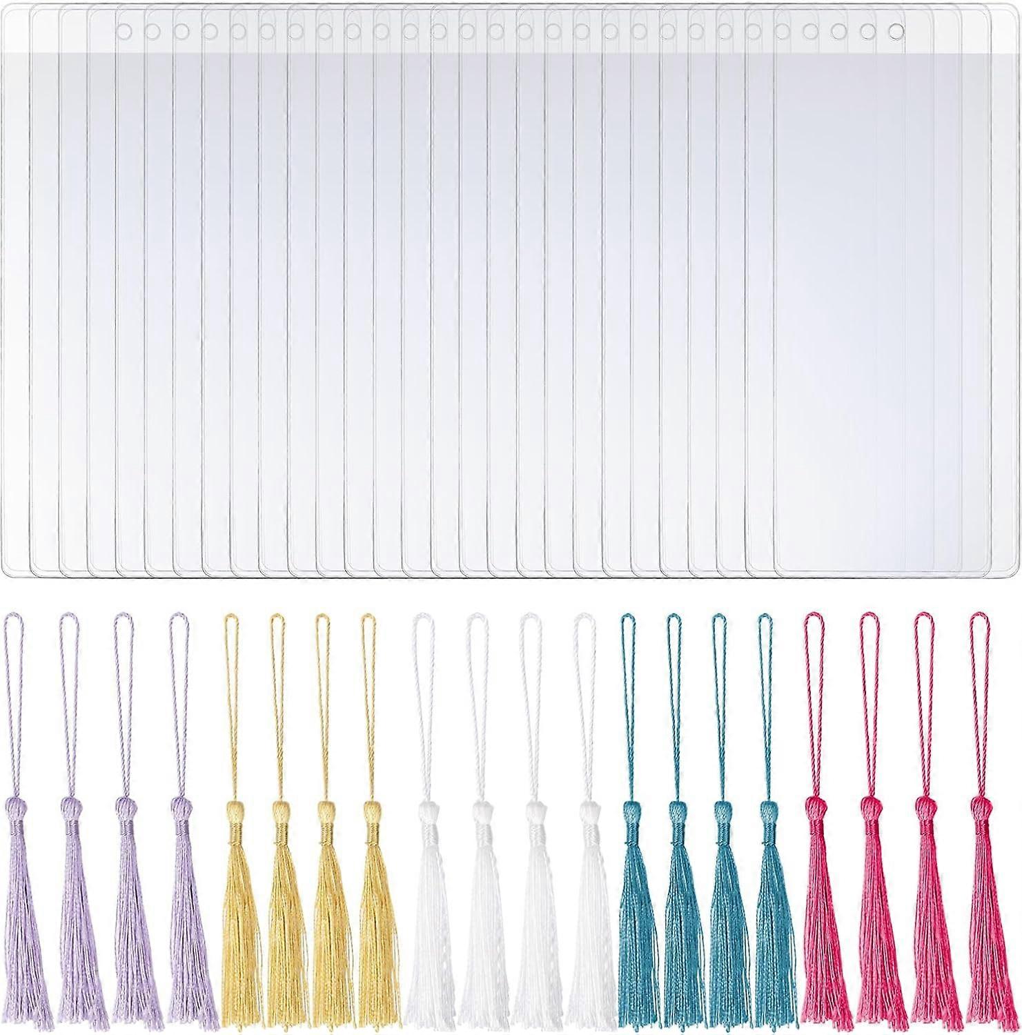 50Pcs Plastic Bookmark Sleeves with 50 Pcs Tassels Clear Blank Photo Booth Strip Frames Holder Cover PVC Plastic ID Name Card Holder Key Card Tag Hold