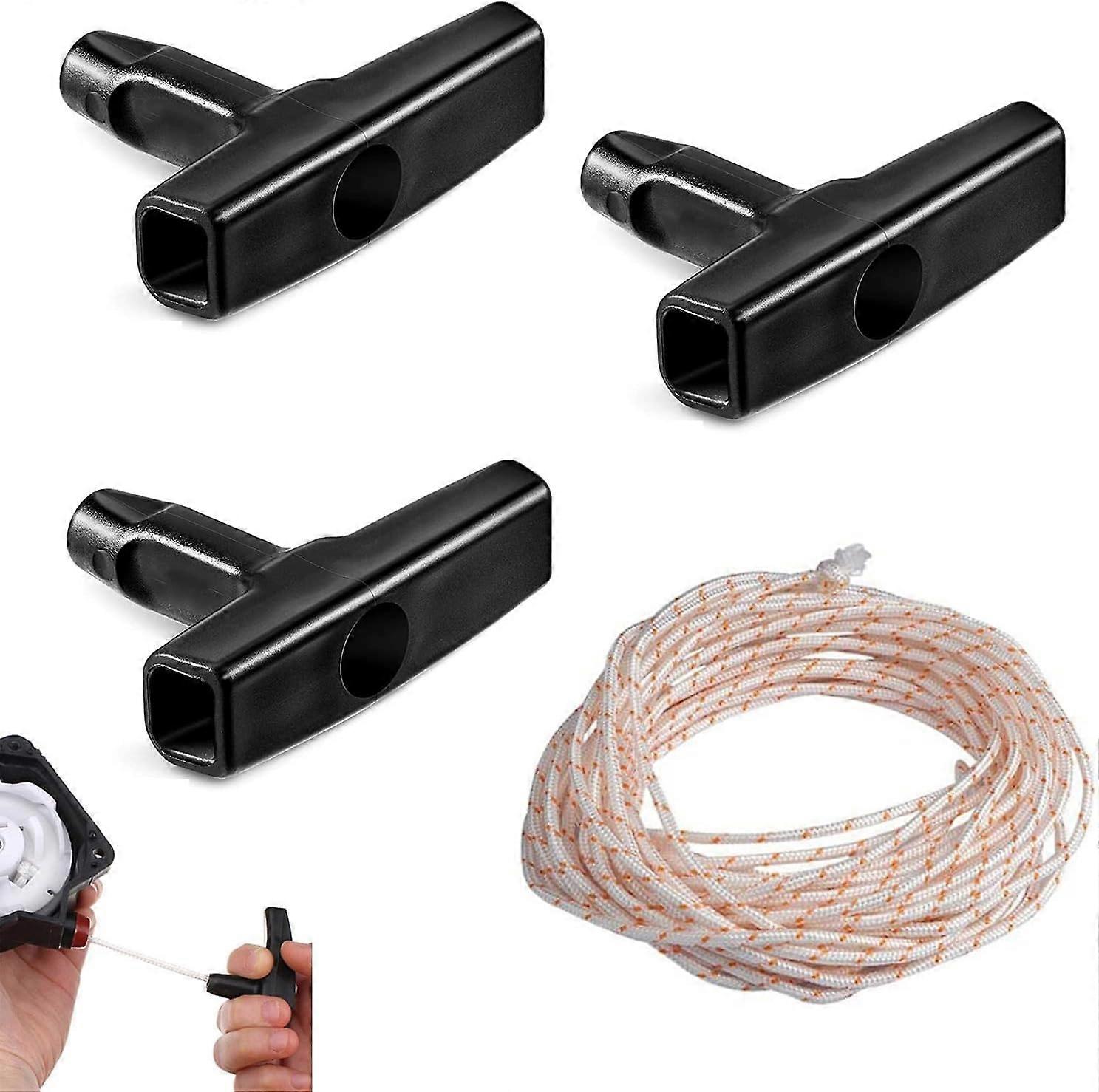 4 PCS Motor Pull Starter Handle and Rope Set, Replacement Starter Rope 10 Meter Pull Cords with 3 Pcs Black Handle, for Home Outdoor Garden Mowing Too