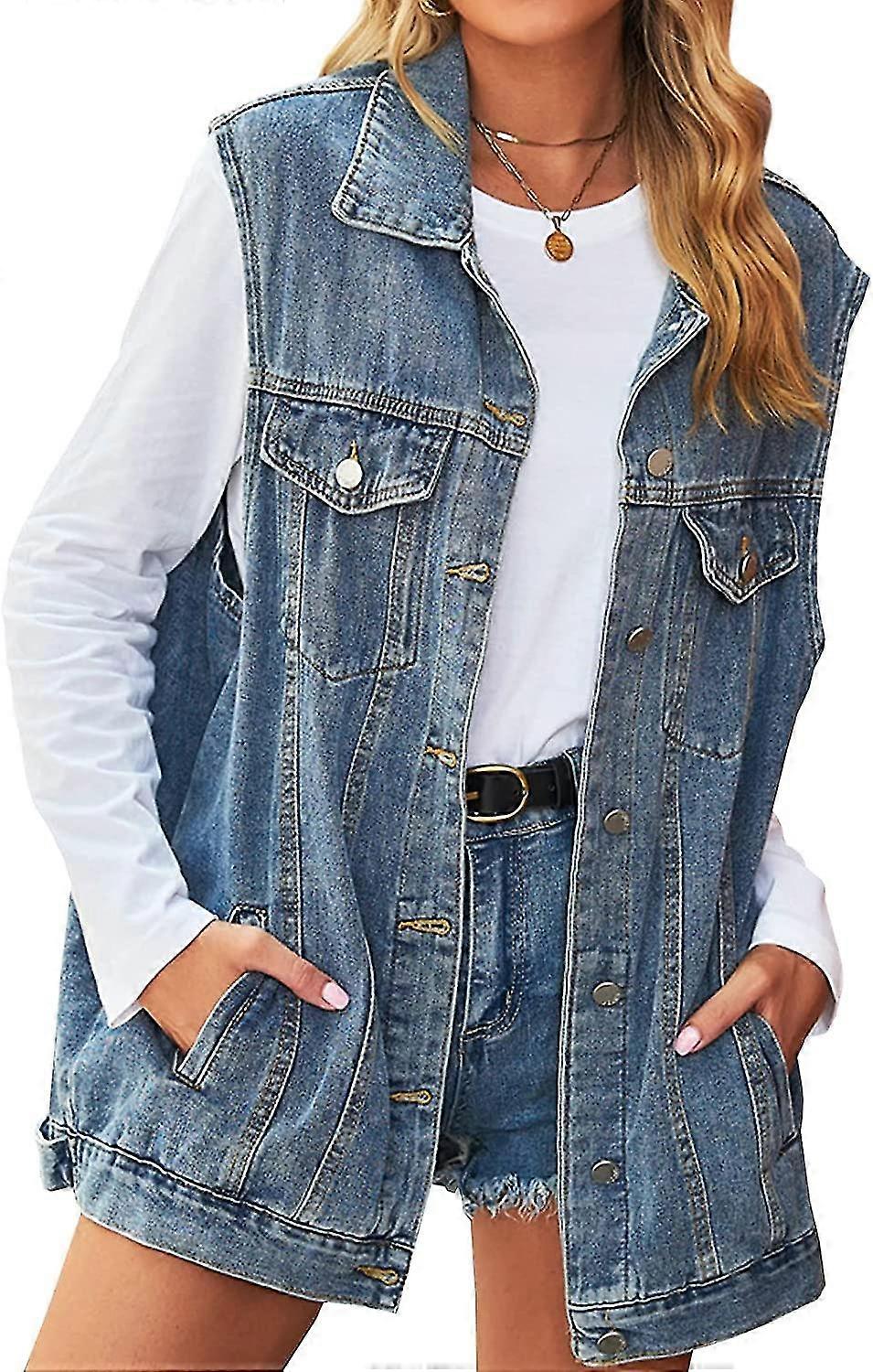 المرأة الدنيم سترة بلا أكمام زر أسفل جان سترة منتصف صدرية طويلة