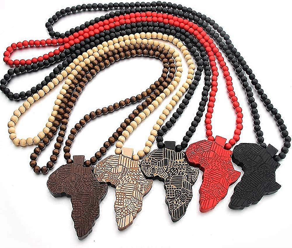 Colorful Bling Africa Map Pendant Necklace - 8MM Multicolor Wood Bead Chain For Men & Boys - View #4