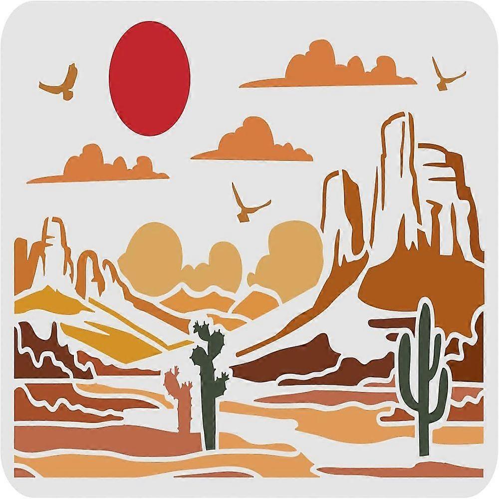 1pc Desert View Stencils 29.7x21cm Plastic Gobi Desert Drawing Painting Stencils Cactus Sun Birds Pattern Wall Stencils Reusable Stencils for Painting