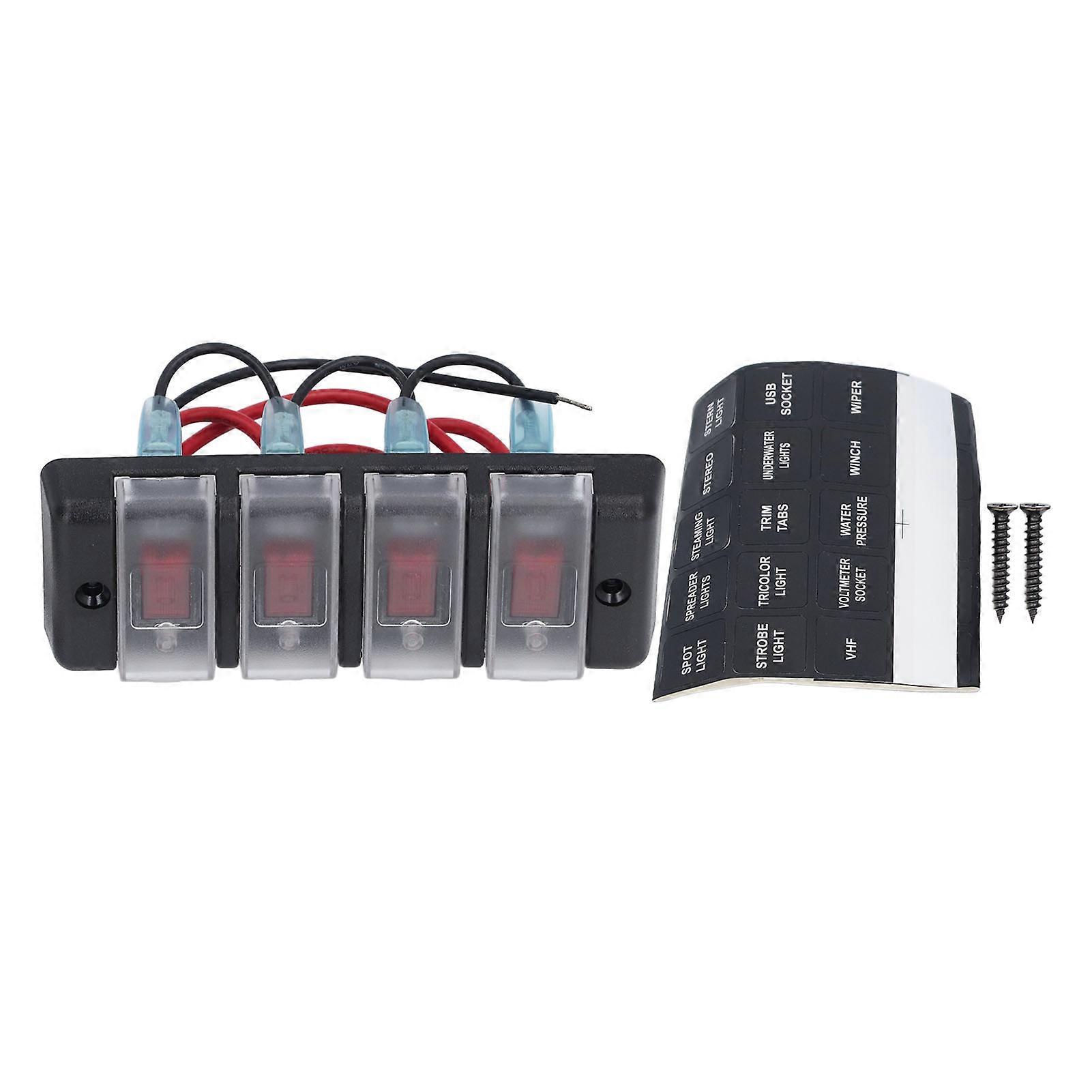 Rocker Switch Panel 4 Gangs Waterproof 4 Red LED Overload Guard Switch Control Panel DC12V 16A