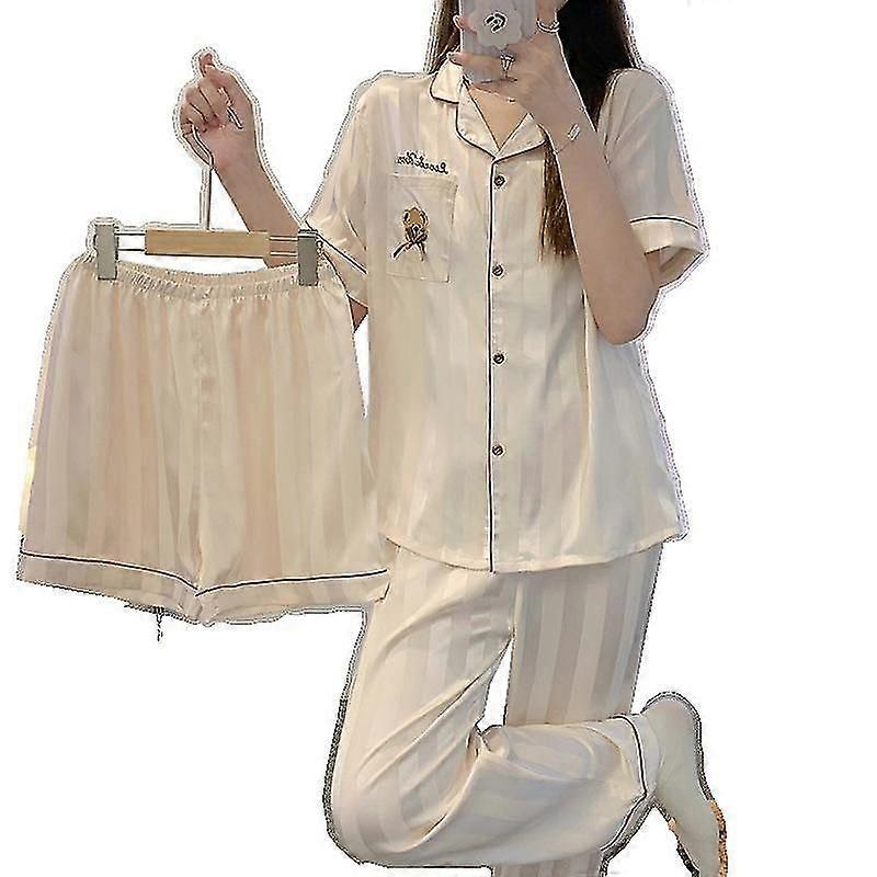 (Size M) Women's Soft Ice Silk Short Sleeve Pajama Three Piece Set
