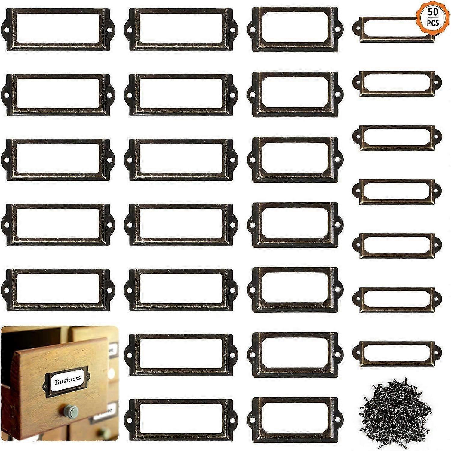 50 pcs Metal Label Holders, Metal Label Holders with Screws Suitable for Drawers Shelves Desks, Retro Metal Label Holders for Storing Labels and Label