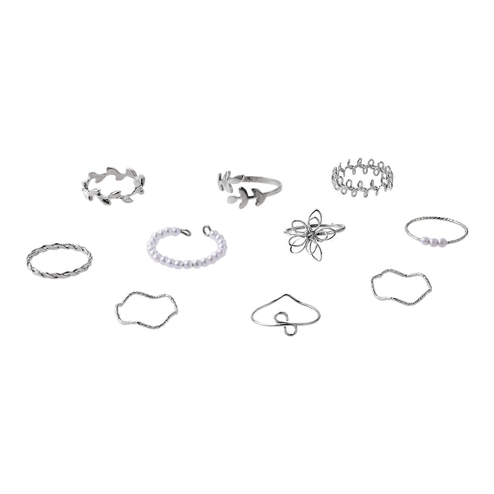 10pcs 섬세한 꽃무늬 합금 반지 세트 잎 덩굴 모조 진주 반지 액세서리 소녀와 성숙한 숙녀