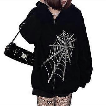 Women Punk Long Sleeve Hoodies for Jacket for Rhinestone Spider Web Zip Up Sweat  XL Black