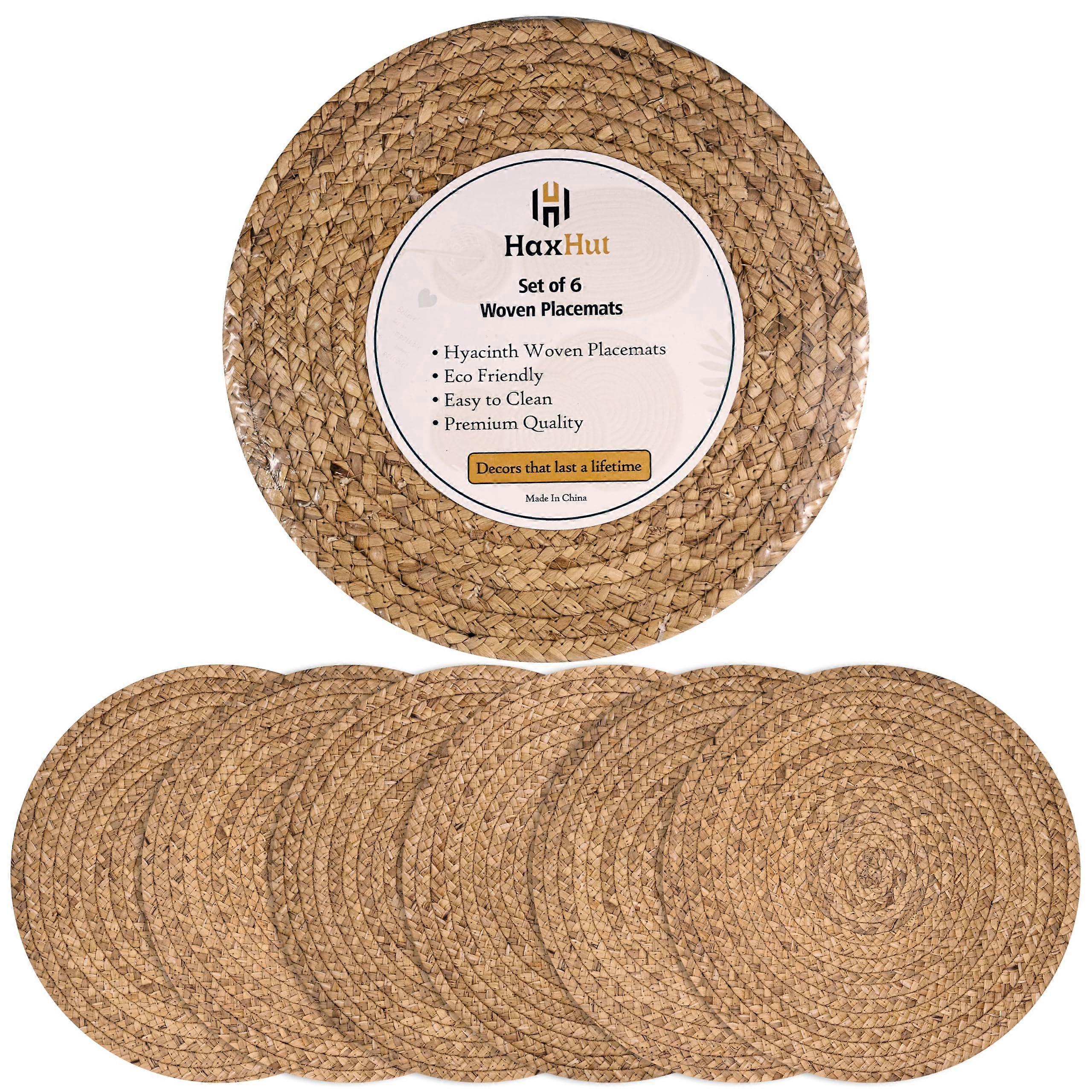 6 Set Woven Round Rattan Placemats Heat Resistant Non-Slip for Dinner Plates 13.5'