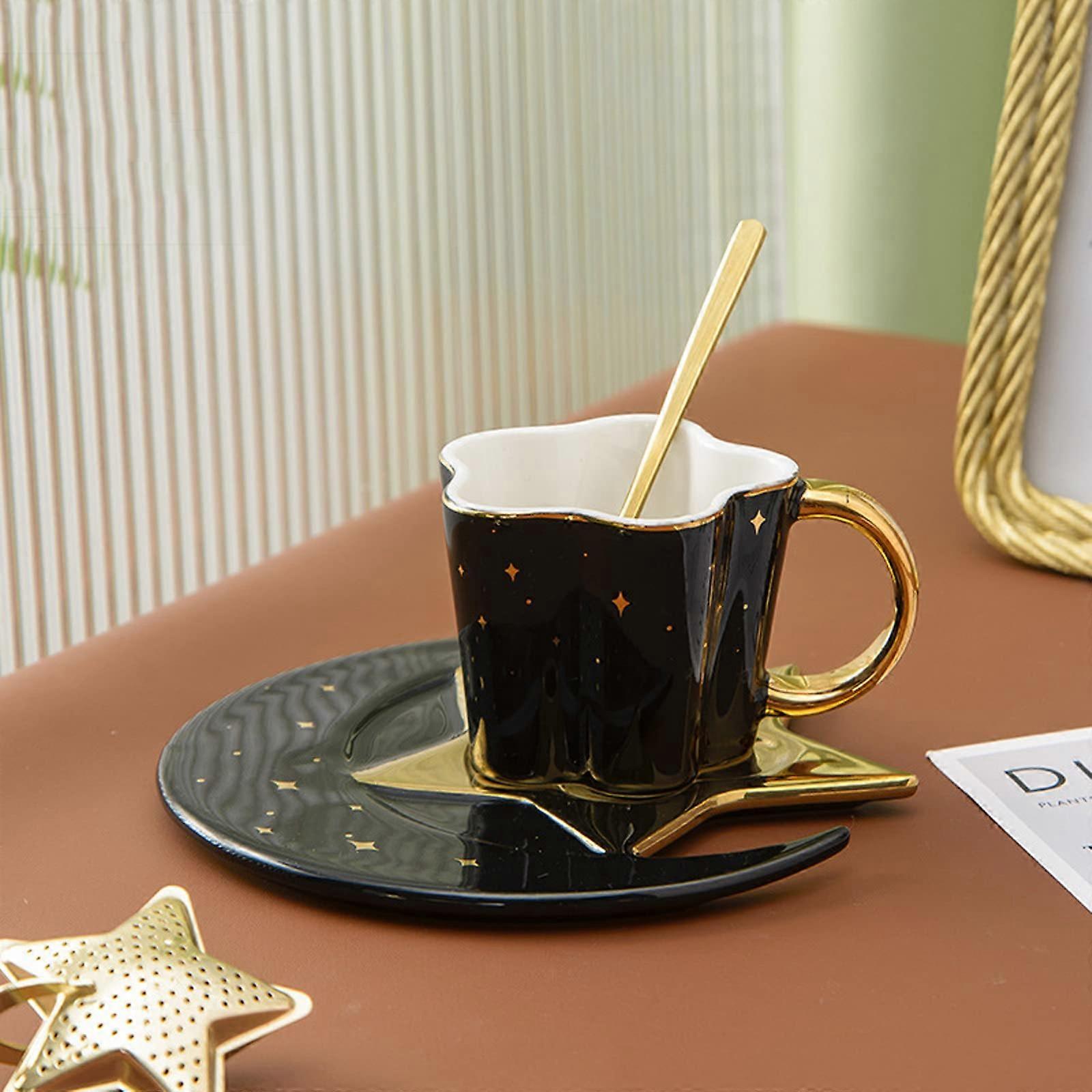 4.2 Ounce Irregular Ceramic Coffee Cup Set, Black Moon and Star Mug with Gold Plate Handle, Includes Saucer and Spoon