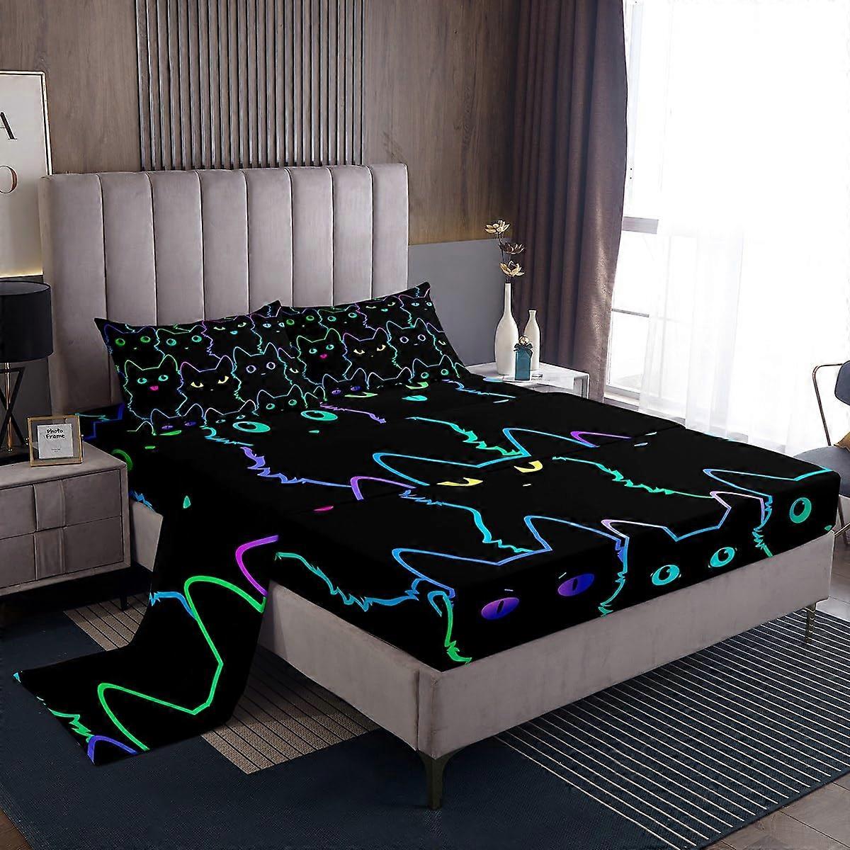 4 Piece Bedding Set Black Neon Cat Gradient Line Cute Kawaii Room Decor for Full Size