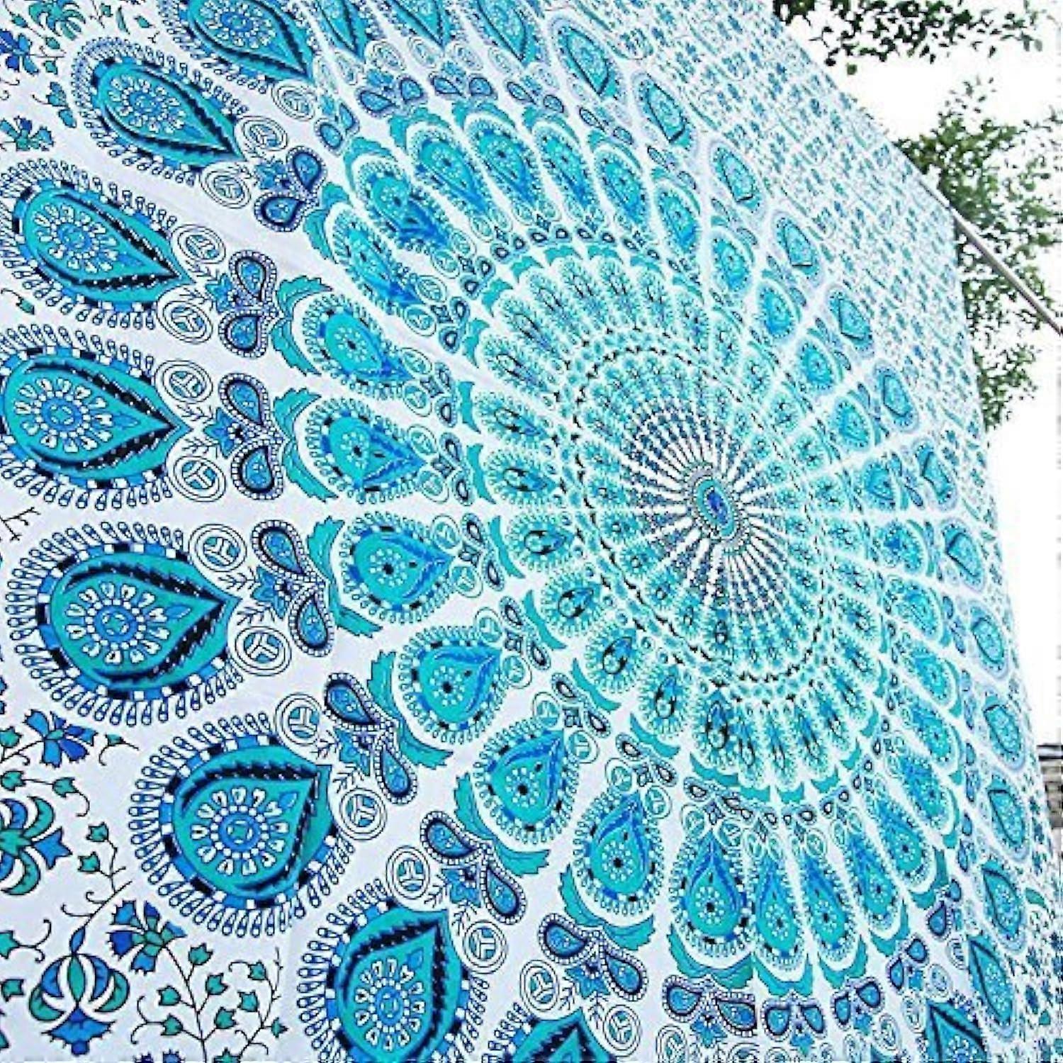 Handmade Indian Hippie Bohemian Psychedelic Peacock Mandala Tapestry King Size 88x104 Inches Sky Blue for Dorm and Beach Use