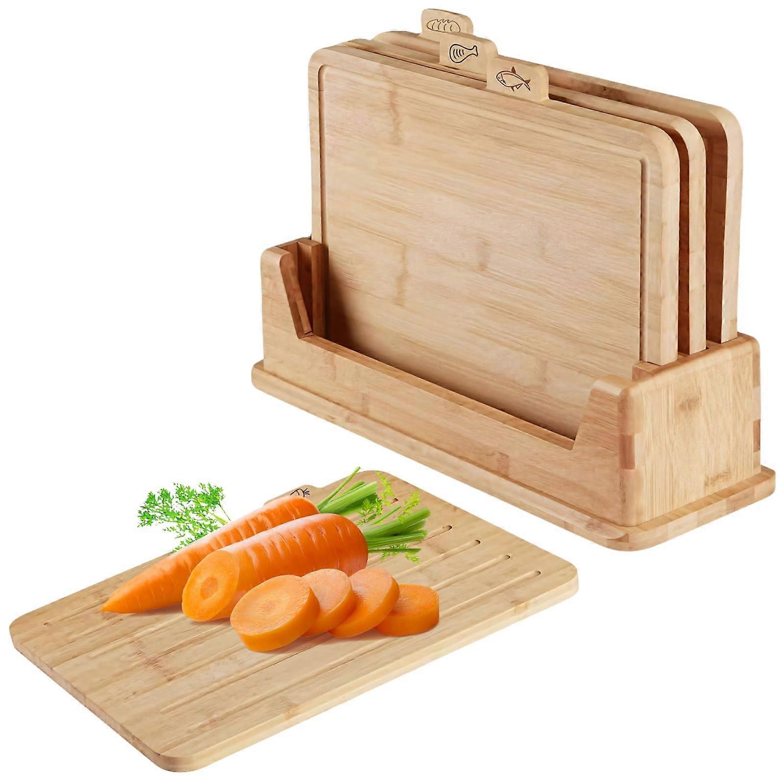 Bamboo Cutting Board Set of 4 with Holder, Chopping Boards with Food Icons for Meat, Fish, Bread, Vegetable, Fruit