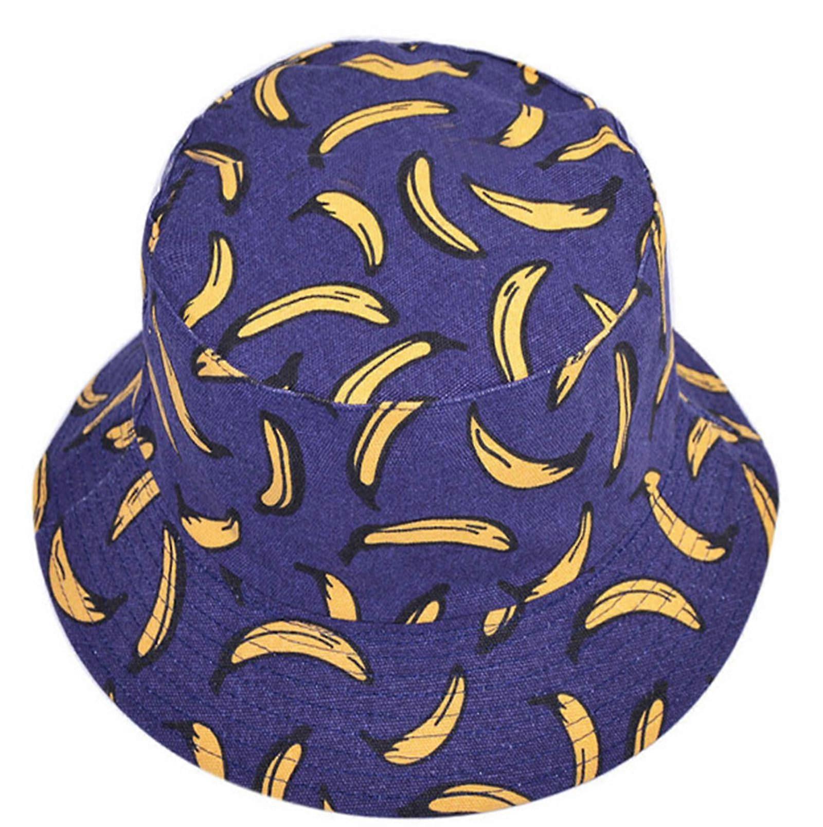 Banana Printing Bucket Hat, Reversible Summer Fisherman Hat, One Size, Navy Blue, Banana Pattern