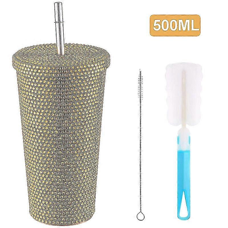 500mlゴールデンブリンブリンダイヤモンドタンブラー –ストロー、蓋、ラインストーンのデザインが施されたステンレス製のキラキラウォーターボトル。クリーニングブラシが含まれています。