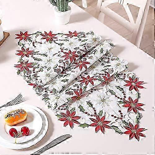 Christmas Table Runner Christmas Tablecloth, Linen Cotton Look, Poinsettia and Holly Leaves, Christmas Embroidered Tablecloth, Christmas Decoration