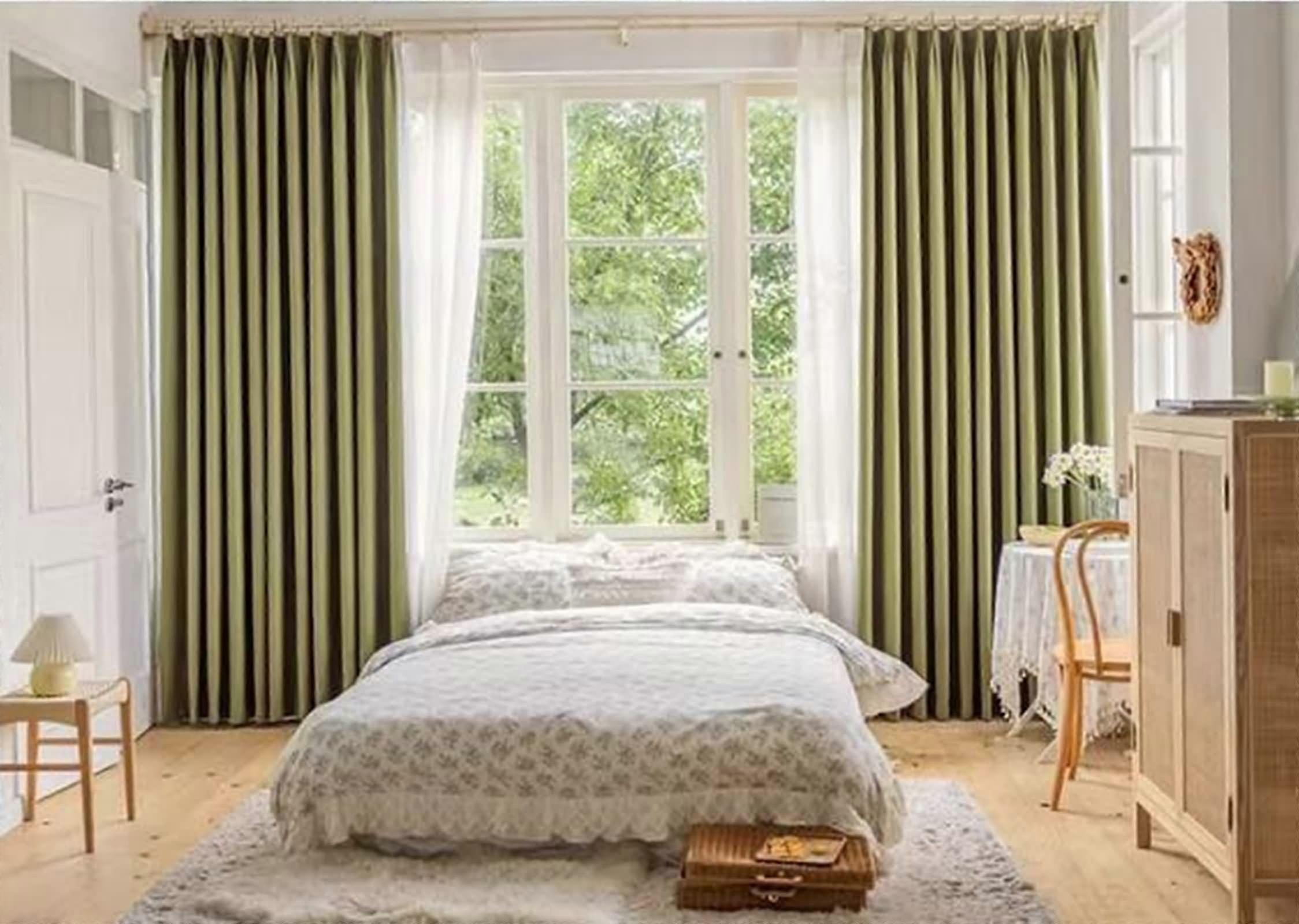 Opaque Olive Green Curtain 137 X 274 Cm Set Of 2 Blackout Curtains With Hooks Modern Plain Style For Kids Rooms