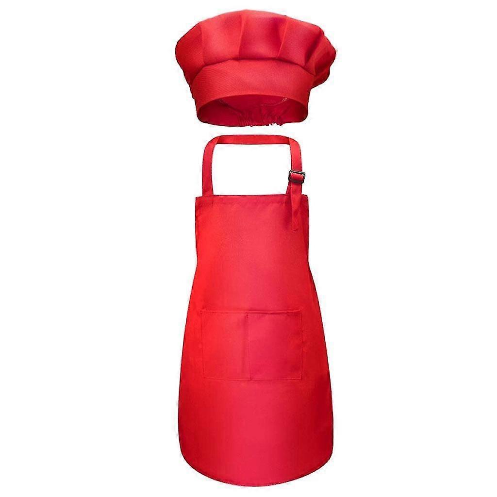 Kids Apron Chef Hat Set Adjustable Bib Front Pocket for Crafting Baking Red M