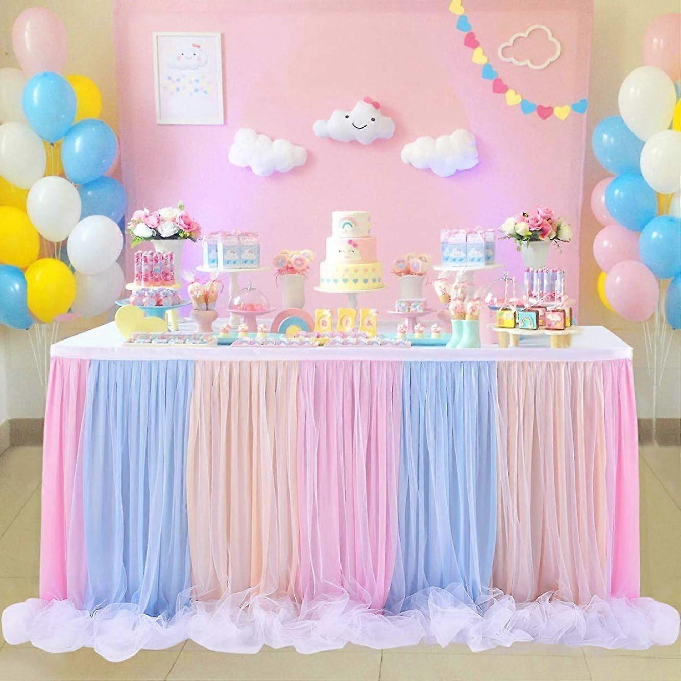 Tulle Table Skirt for Rectangular and Round Tables, Rainbow Color, Ideal for Baby Showers, Weddings, and Theme Parties