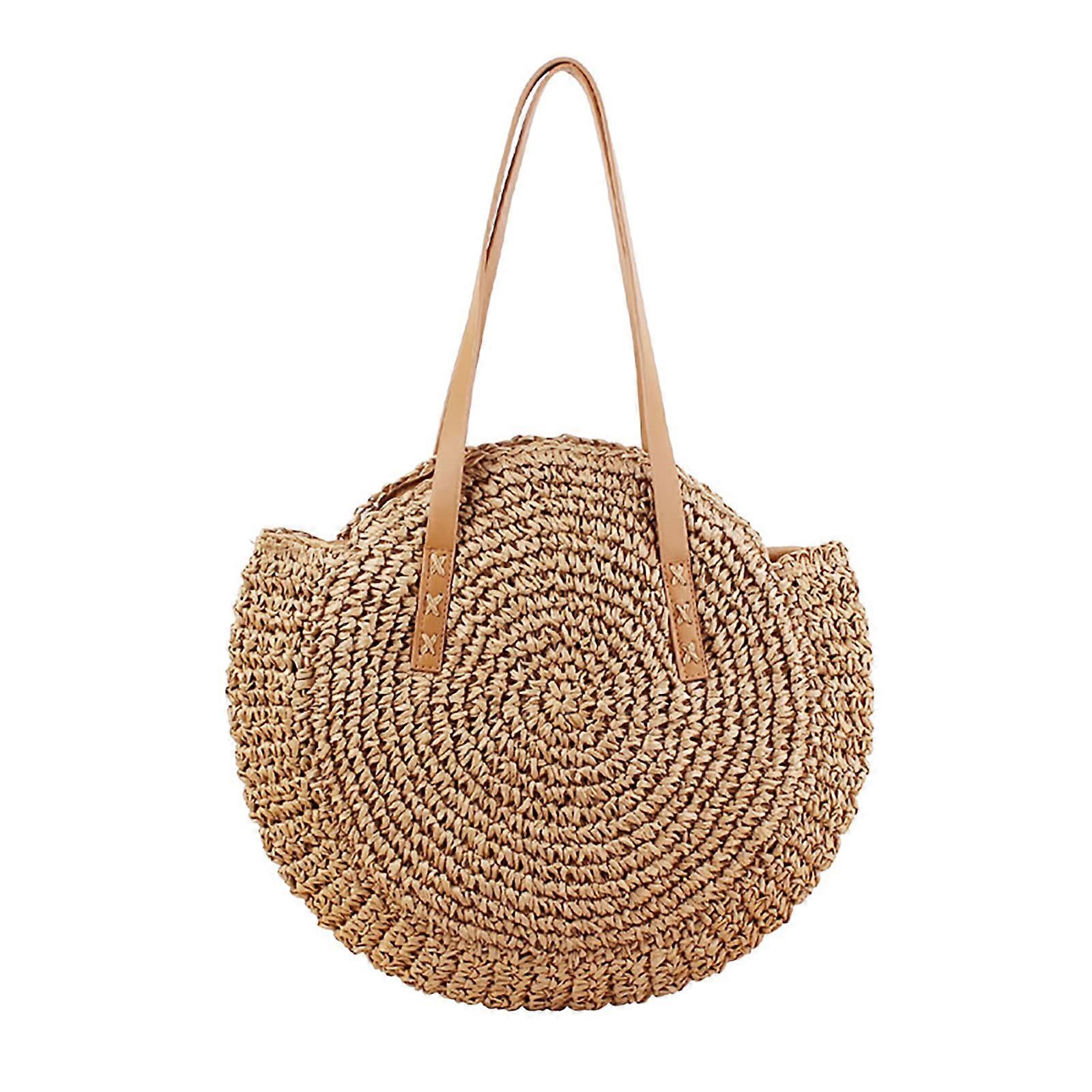 Versatile Straw Crossbody Bag Elegant Natural Round Handmade Boho Bag Simple Bali Beach Fabric Purse Blue
