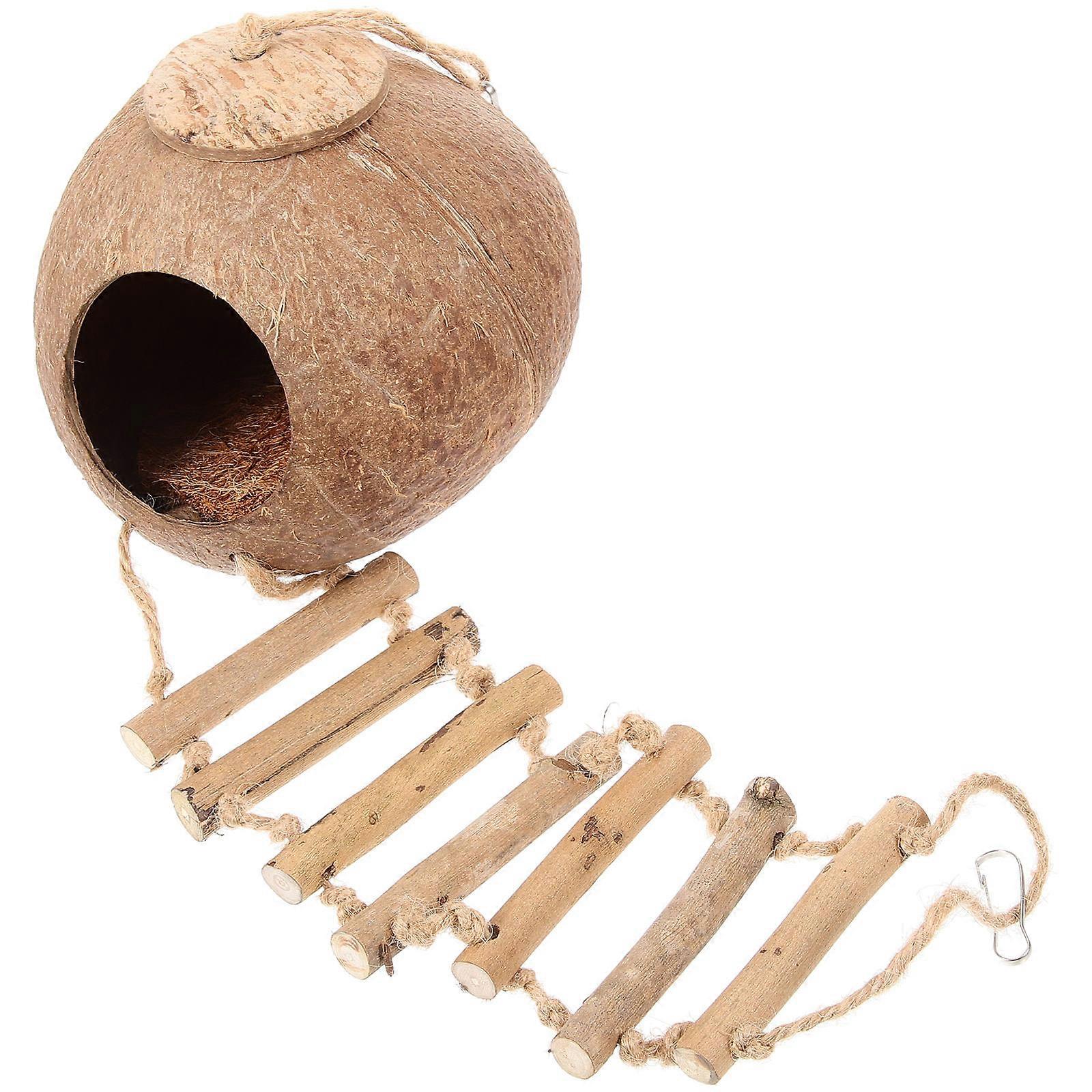 Coconut Bird's Nest Natural Style Sleeping Environment for Birds with Ladder 13x13x13cm (Nest) 19x8x1cm (Ladder) 1Set
