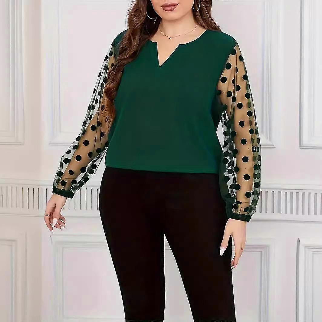 Plus Size Women's Solid Color Mesh Splicing Long Sleeve Shirt