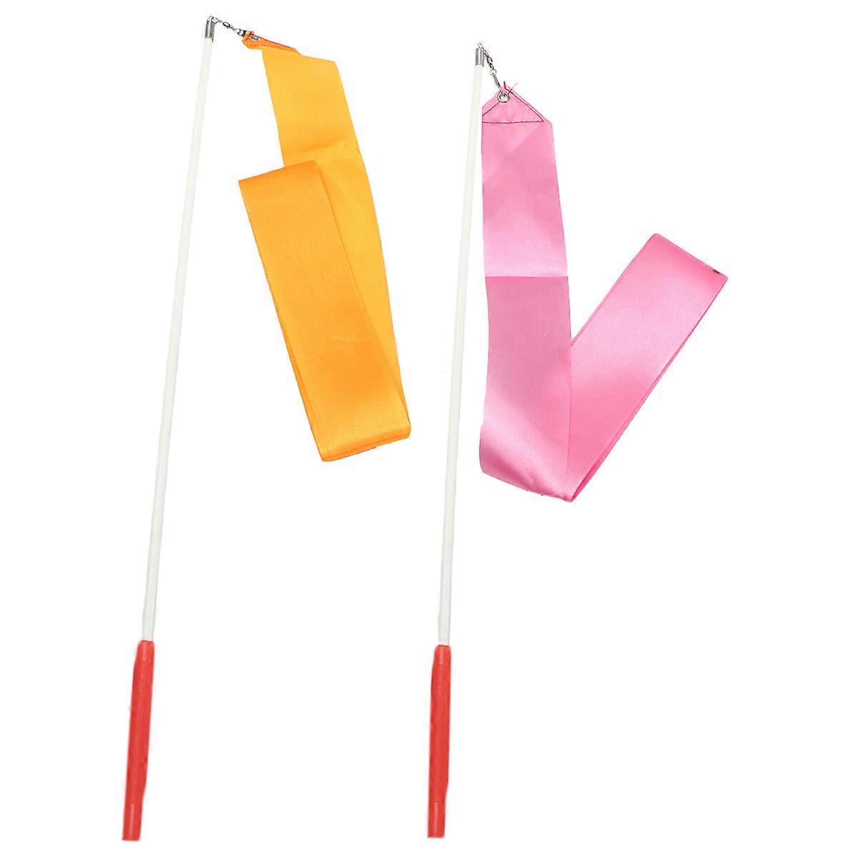 4pcs Gymnastics Ribbons with Stick Dancing Streamers for Twirling Rods Orange & Pink Rhythmic Art Dance & Gymnastics Training