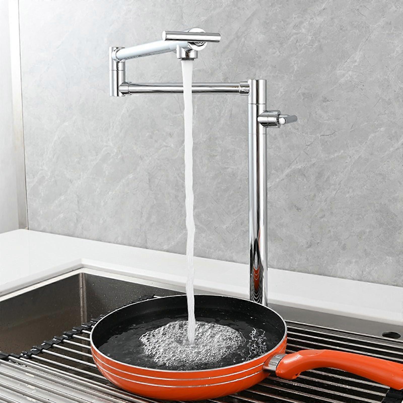 Folding Kitchen Faucet Chrome, Brass Sink Mixer, Single Cold Water Tap, 1-Hole Double Handle Design for Kitchen Sink