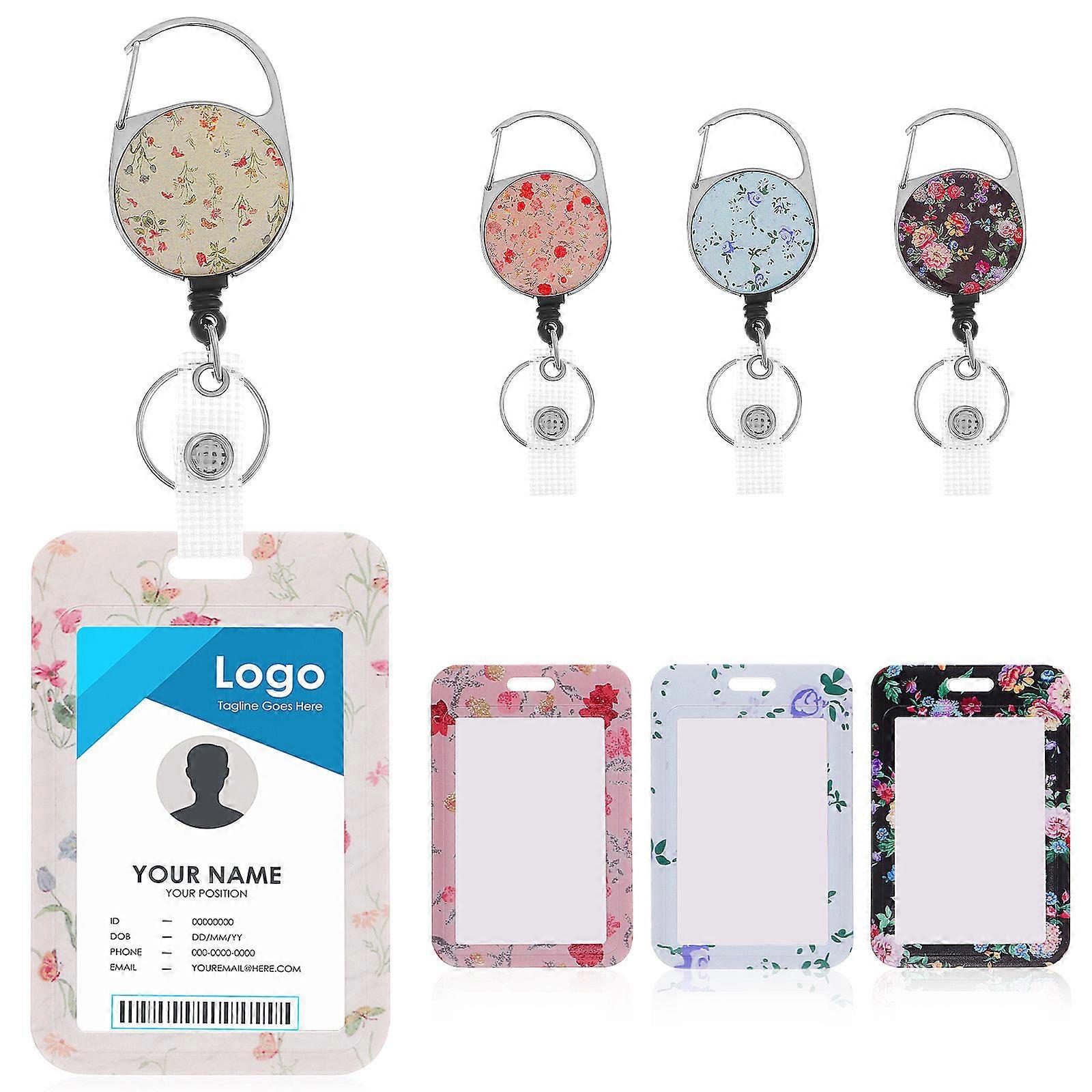 Retractable Badge Reel Holder With Floral Printing For Employee Doctor Teacher In Assorted Color 4Pcs