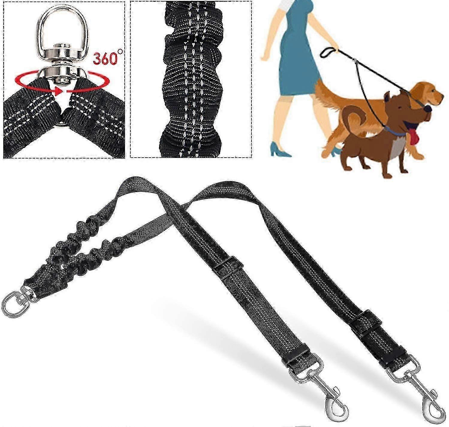 ダブルドッグリーシュ、タングルフリー、デュアルリーシュ犬ウォーキングトレーニング、360度回転、反射、調整可能な長さ、ダブルドッグリーシュディバイダー、ショックA